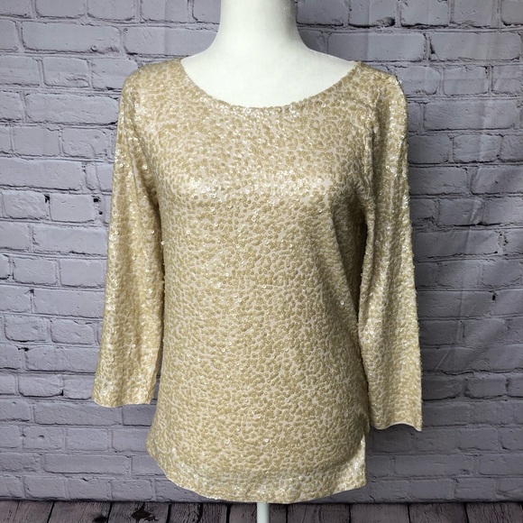 J Crew Blouse Gold Dressy Sequin Top Size Medium - Picture 1 of 15